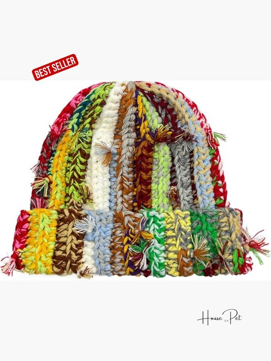 Chunky Crochet Beanie Casual Cuffed Winter Hat with Boho Tassel Knot main image 7